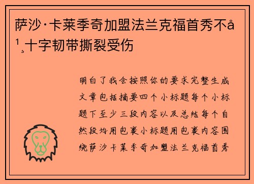 萨沙·卡莱季奇加盟法兰克福首秀不幸十字韧带撕裂受伤