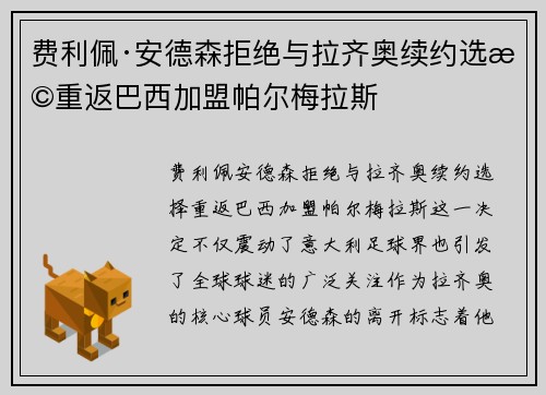 费利佩·安德森拒绝与拉齐奥续约选择重返巴西加盟帕尔梅拉斯
