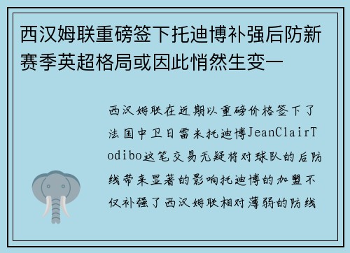 西汉姆联重磅签下托迪博补强后防新赛季英超格局或因此悄然生变一